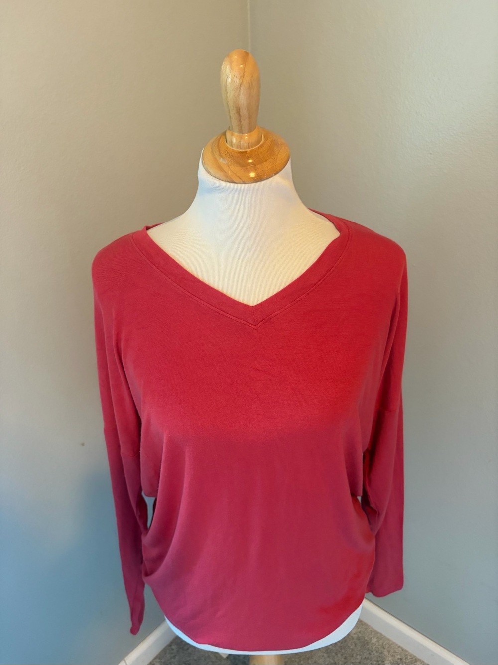 CAbi Women's Long Sleeve V-Neck Top - Cardinal Red Serenity Tee #4564